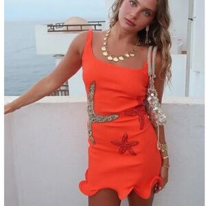 Sexy Orange Sequin Star Mini Dress